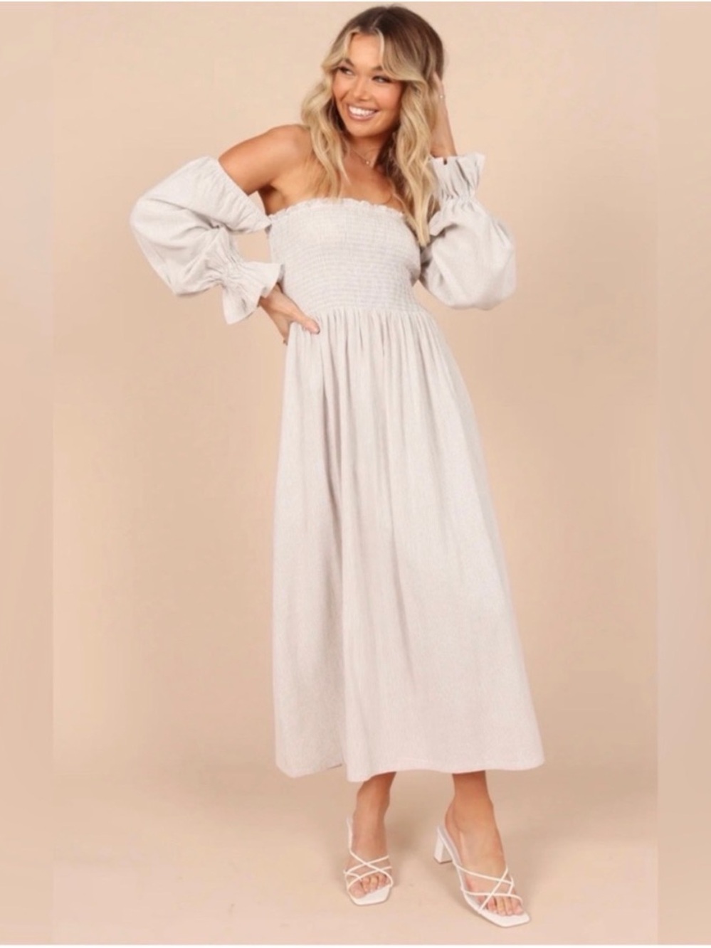 Petal and Pup Domenica Shirred Long Sleeve Midi Dress Beige Stripe Size Medium